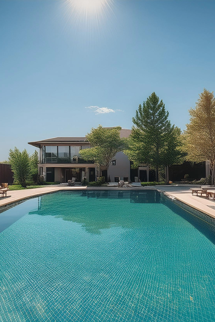 a pool and lounge chairs in front of a house at The Bella Vista Towers